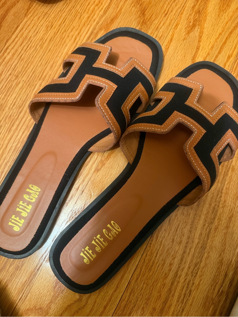 Women's Tan and Black Slide Sandals